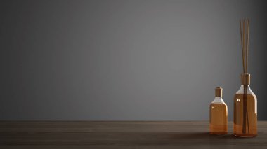 Boş iç tasarım konsepti, ahşap masa veya aromatik sopa, gri mimari arka plan ile şişe ile raf