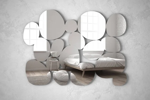 Σύγχρονη καθρέφτη σε σχήμα βότσαλο που κρέμονται στον τοίχο αντανακλώντας εσωτερικό σχεδιασμό σκηνή, φωτεινό υπνοδωμάτιο με κρεβάτι, πολυθρόνα και τραπέζι λαμπτήρα, μινιμαλιστική αρχιτεκτονική λευκό — Φωτογραφία Αρχείου