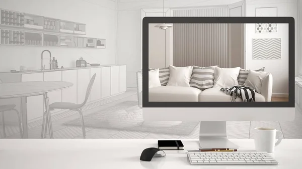 Arquiteto conceito de projeto de casa, computador de mesa na mesa de trabalho branco mostrando sala de estar moderna, CAD esboço design de interiores no fundo — Fotografia de Stock