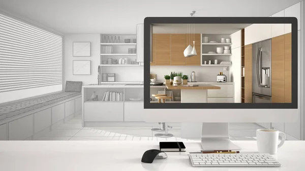 Arquiteto conceito de projeto de casa, computador de mesa na mesa de trabalho branco mostrando cozinha de madeira moderna, CAD esboço design de interiores no fundo — Fotografia de Stock