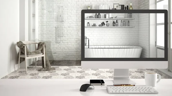 Architekt koncepce projektu domu, stolní počítač na bílý pracovní stůl zobrazení Cad nákres, klasický koupelnový design interiéru v pozadí — Stock fotografie