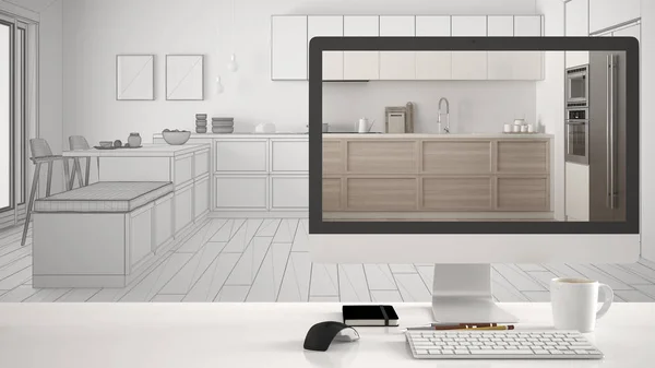 Architektenhaus-Projektkonzept, Desktop-Computer auf weißem Schreibtisch zeigt moderne skandinavische Küche, Cad-Skizze Innenarchitektur im Hintergrund — Stockfoto