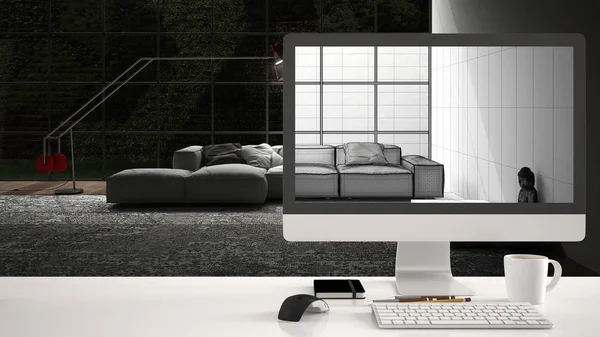 Architect house project concept, desktop computer on white work desk showing CAD sketch, minimalistic living room interior design in the background