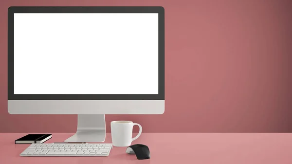 Modélisation de bureau, modèle, ordinateur sur bureau rouge avec écran blanc, souris clavier et bloc-notes avec stylos et crayons, fond de couleur pantone — Photo