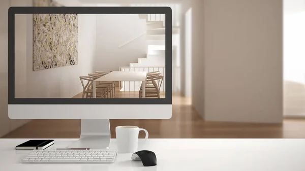 Concept de projet de maison d'architecte, ordinateur de bureau sur bureau blanc montrant la table à manger et les escaliers, design intérieur flou minimaliste en arrière-plan — Photo