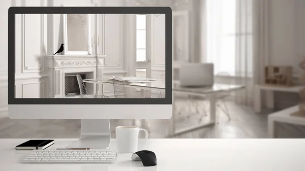 Conceito do projeto da casa do arquiteto, computador desktop na mesa de trabalho branca que mostra o escritório moderno branco, design de interiores desfocado minimalista no fundo — Fotografia de Stock