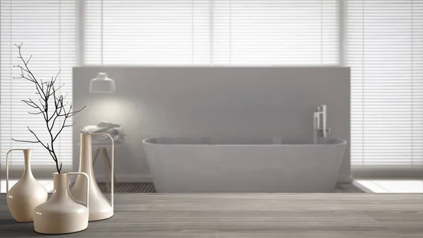 Ahşap masa üstü veya bulanık İskandinav temiz banyo, beyaz iç tasarım üzerinde minimalist modern vazo ile raf — Stok fotoğraf