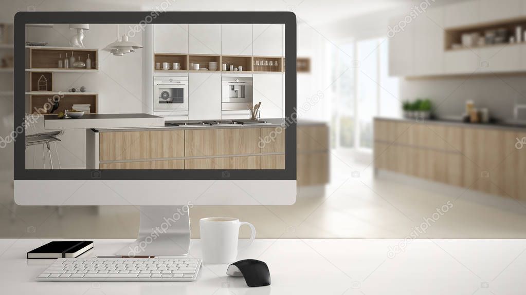 Architect house project concept, desktop computer on white work desk showing white wooden kitchen, minimalistic blurred interior design in the background