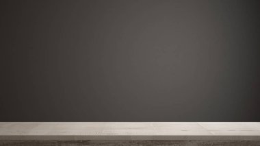 Boş iç tasarım konsepti, ahşap antika masa ya da raf closeup, zen ruh hali, beyaz ve gri mimari geçmişi