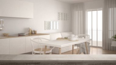 Mimari iç tasarım ahşap antika masa üstü veya raf closeup, zen ruh hali, kanepe ve tablo, bulanık İskandinav mutfak üzerine beyaz