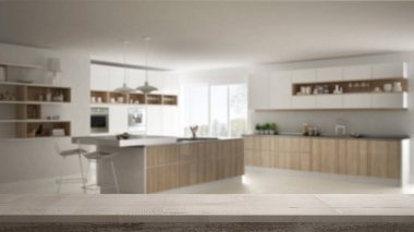 Ahşap antika masa üstü veya raf closeup, zen ruh, modern mutfak, beyaz mimari iç tasarım üzerinde bulanık