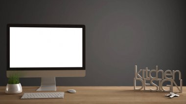 Masaüstü mockup, şablon, boş ekran, evin anahtarları, 3d harf kelime mutfak tasarım, beyaz kopya alan arka plan yapma ahşap çalışma masası üstünde bilgisayar