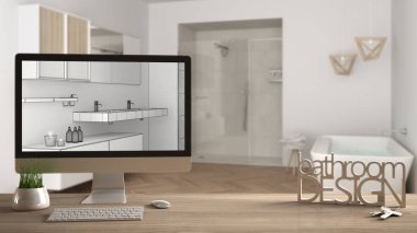 Mimar tasarımcı proje kavramı, anahtarlar, harfler banyo tasarımı ve gösterilen masaüstü ile ahşap masa blueprint Cad kroki, arka plan, beyaz iç tasarım bulanık taslak
