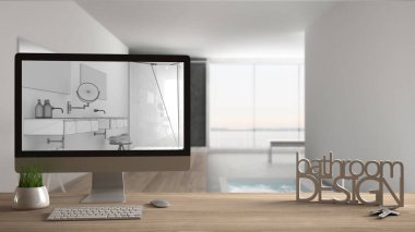 Mimar tasarımcı proje kavramı, anahtarlar, harfler banyo tasarımı ve gösterilen masaüstü ile ahşap masa blueprint Cad kroki, arka plan, beyaz iç tasarım bulanık taslak