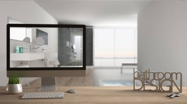 Mimar tasarımcı proje kavramı, ahşap masa ile anahtar taşı, 3d harf kelime banyo tasarımı ve taslak, gösterilen masaüstü arka plan, iç tasarım alanında bulanık