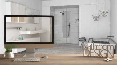 Mimar tasarımcı proje kavramı, ahşap masa anahtarları, 3d harf kelime banyo tasarımı ve taslak, gösterilen masaüstü arka plan, beyaz iç tasarım Cad kroki blueprint