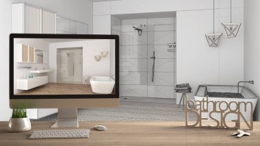 Mimar tasarımcı proje kavramı, ahşap masa anahtarları, 3d harf kelime banyo tasarımı ve taslak, gösterilen masaüstü arka plan, beyaz iç tasarım Cad kroki blueprint