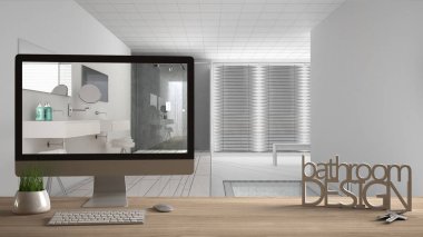 Mimar tasarımcı proje kavramı, ahşap masa anahtarları, 3d harf kelime banyo tasarımı ve taslak, gösterilen masaüstü arka plan, beyaz iç tasarım Cad kroki blueprint