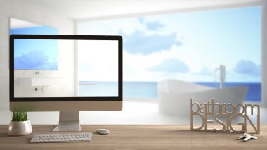 Mimar tasarımcı proje kavramı, ahşap masa ile anahtar taşı, 3d harf kelime banyo tasarımı ve taslak, gösterilen masaüstü arka plan, iç tasarım alanında bulanık