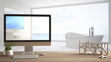 Mimar tasarımcı proje kavramı, ahşap masa anahtarları, 3d harf kelime banyo tasarımı ve taslak, gösterilen masaüstü arka plan, beyaz iç tasarım Cad kroki blueprint