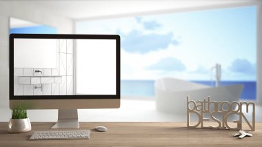 Mimar tasarımcı proje kavramı, anahtarlar, harfler banyo tasarımı ve gösterilen masaüstü ile ahşap masa blueprint Cad kroki, arka plan, beyaz iç tasarım bulanık taslak