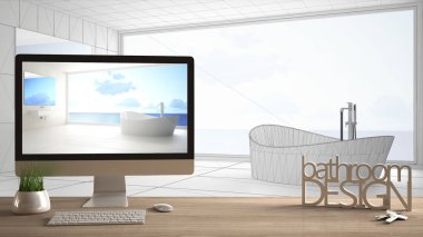 Mimar tasarımcı proje kavramı, ahşap masa anahtarları, 3d harf kelime banyo tasarımı ve taslak, gösterilen masaüstü arka plan, beyaz iç tasarım Cad kroki blueprint