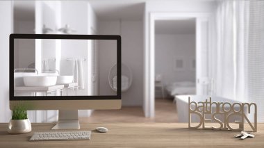 Mimar tasarımcı proje kavramı, ahşap masa ile anahtar taşı, 3d harf kelime banyo tasarımı ve taslak, gösterilen masaüstü arka plan, iç tasarım alanında bulanık