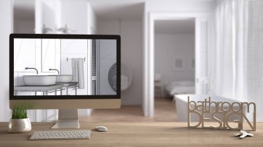 Mimar tasarımcı proje kavramı, anahtarlar, harfler banyo tasarımı ve gösterilen masaüstü ile ahşap masa blueprint Cad kroki, arka plan, beyaz iç tasarım bulanık taslak