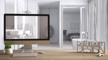Mimar tasarımcı proje kavramı, ahşap masa anahtarları, 3d harf kelime banyo tasarımı ve taslak, gösterilen masaüstü arka plan, beyaz iç tasarım Cad kroki blueprint