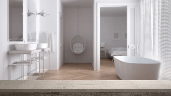 Madera vintage mesa o estante primer plano, zen estado de ánimo, baño escandinavo minimalista borrosa con dormitorio en el fondo, diseño de interiores de arquitectura blanca — Foto de Stock