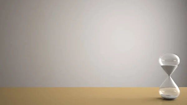 Mesa, mesa ou prateleira de pantone amarelo com ampulheta de cristal moderno medindo o tempo de passagem em uma contagem regressiva para um prazo, fundo espaço de cópia branca — Fotografia de Stock