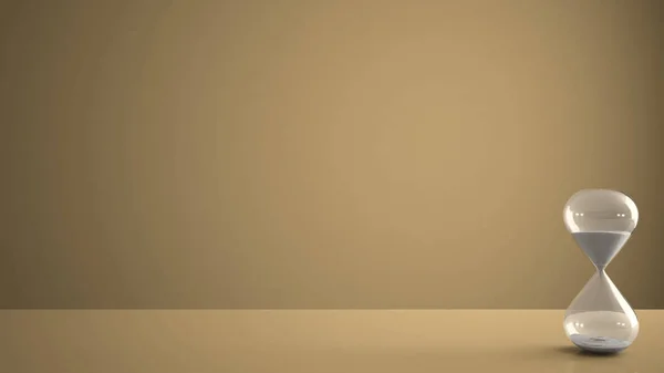 Mesa amarela, mesa ou prateleira com ampulheta moderna de cristal medindo o tempo de passagem em uma contagem regressiva para um prazo, pantone amarelo espaço de cópia de fundo — Fotografia de Stock
