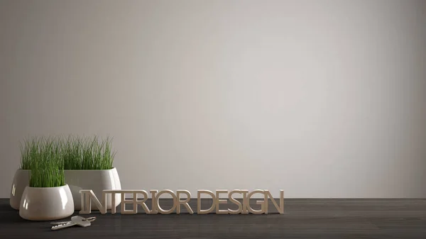 Holztisch, Schreibtisch oder Regal mit Topfgraspflanze, Hausschlüssel und 3D-Buchstaben, die die Wörter Innenarchitektur, Projektkonzept, weißer Kopierraum Hintergrund bilden — Stockfoto