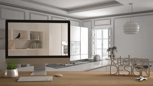 आर्किटेक्ट डिजाइनर परियोजना अवधारणा, घर कुंजी के साथ लकड़ी की मेज, 3 डी अक्षर शब्द रसोई डिजाइन और डेस्कटॉप ड्राफ्ट दिखाते हुए, पृष्ठभूमि में ब्लूप्रिंट सीएडी स्केच, सफेद आंतरिक डिजाइन — स्टॉक फ़ोटो, इमेज