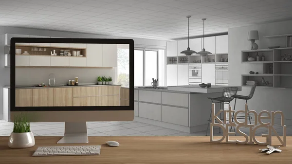 建築家デザイナー プロジェクトの概念、家の鍵、3 d 文字言葉キッチン デザイン案を示すデスクトップと木製のテーブル背景色をインテリア デザインの Cad スケッチを青写真します。 — ストック写真