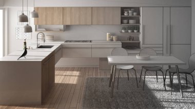 Tamamlanmamış proje modern minimalist mutfak yemek masası, halı ve panoramik penceresinde, mimari iç tasarım