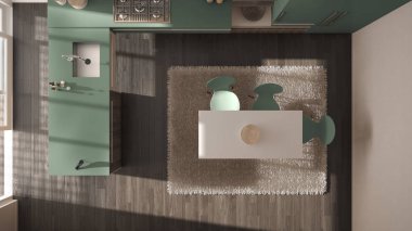 Ana sayfa görünümü, modern minimalist Ahşap mutfak yemek masası ve halı, yeşil ve gri mimari iç tasarım