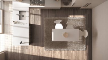 Üstten Görünüm, modern minimalist Ahşap mutfak yemek masası ve halı, beyaz mimari iç tasarım
