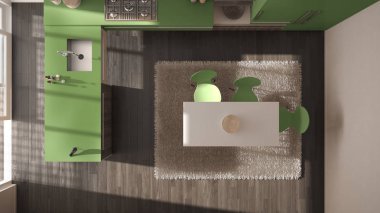 Ana sayfa görünümü, modern minimalist Ahşap mutfak yemek masası ve halı, yeşil ve gri mimari iç tasarım