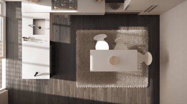 Ana sayfa görünümü, modern minimalist Ahşap mutfak yemek masası ve halı, beyaz ve gri mimari iç tasarım