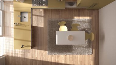 Ana sayfa görünümü, modern minimalist Ahşap mutfak yemek masası ve halı, beyaz ve sarı mimari iç tasarım