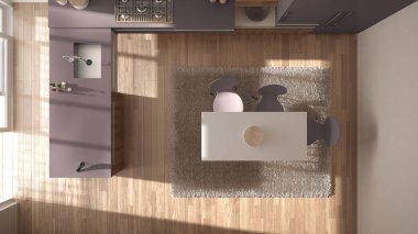 Ana sayfa görünümü, modern minimalist Ahşap mutfak yemek masası ve halı, beyaz ve mor mimari iç tasarım