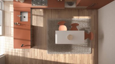 Ana sayfa görünümü, modern minimalist Ahşap mutfak yemek masası ve halı, beyaz ve kırmızı mimari iç tasarım