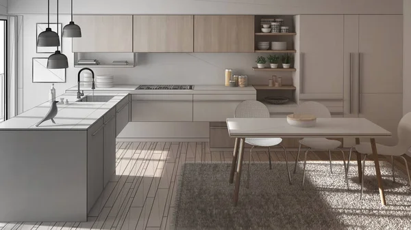 Oavslutat projekt av modernt minimalistiskt kök med matbord, matta och panoramafönster, arkitektur inredning — Stockfoto