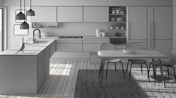 Niedokończony projekt nowoczesnej kuchni minimalistyczny stół do jadalni, dywan i panoramiczne okna, architektura wnętrz — Zdjęcie stockowe