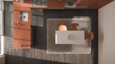 Ana sayfa görünümü, modern minimalist Ahşap mutfak yemek masası ve halı, sarı ve kırmızı mimari iç tasarım