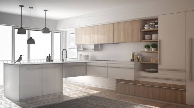 Tamamlanmamış proje modern minimalist mutfak parke zemin, halı ve panoramik penceresinde, mimari iç tasarım