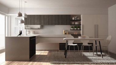 Modern minimalist Ahşap mutfak yemek masası, halı ve panoramik pencere, beyaz ve gri mimari iç tasarım
