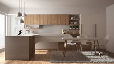 Modern minimalist Ahşap mutfak yemek masası, halı ve panoramik penceresinde, beyaz mimari iç tasarım