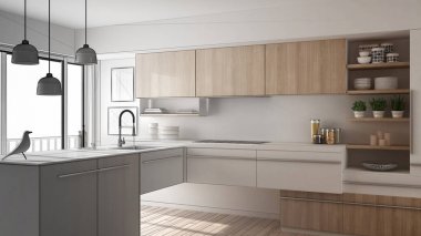 Tamamlanmamış proje modern minimalist mutfak parke zemin, halı ve panoramik penceresinde, mimari iç tasarım